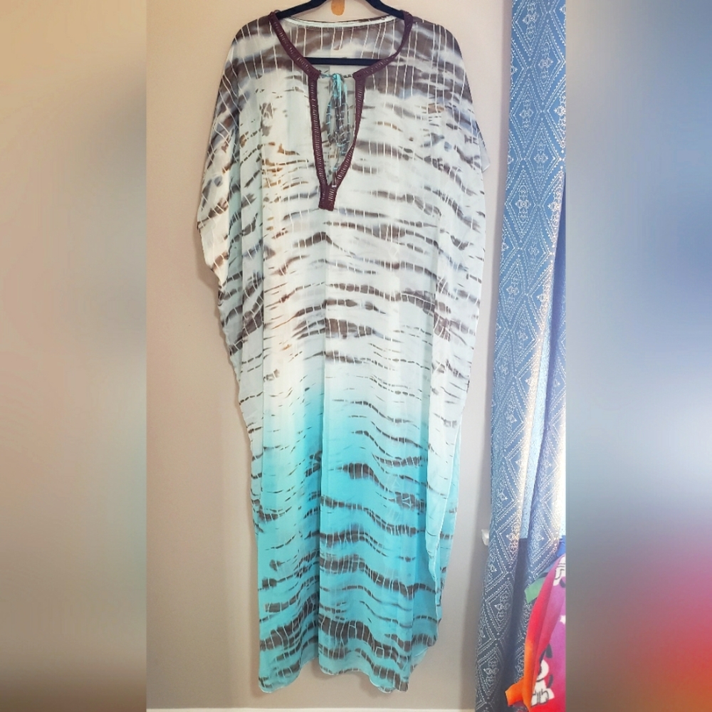 Women's Aqua Ombre Tie-Dye Swim Coverup Caftan. Beautiful Sheer colors. Fits XL+